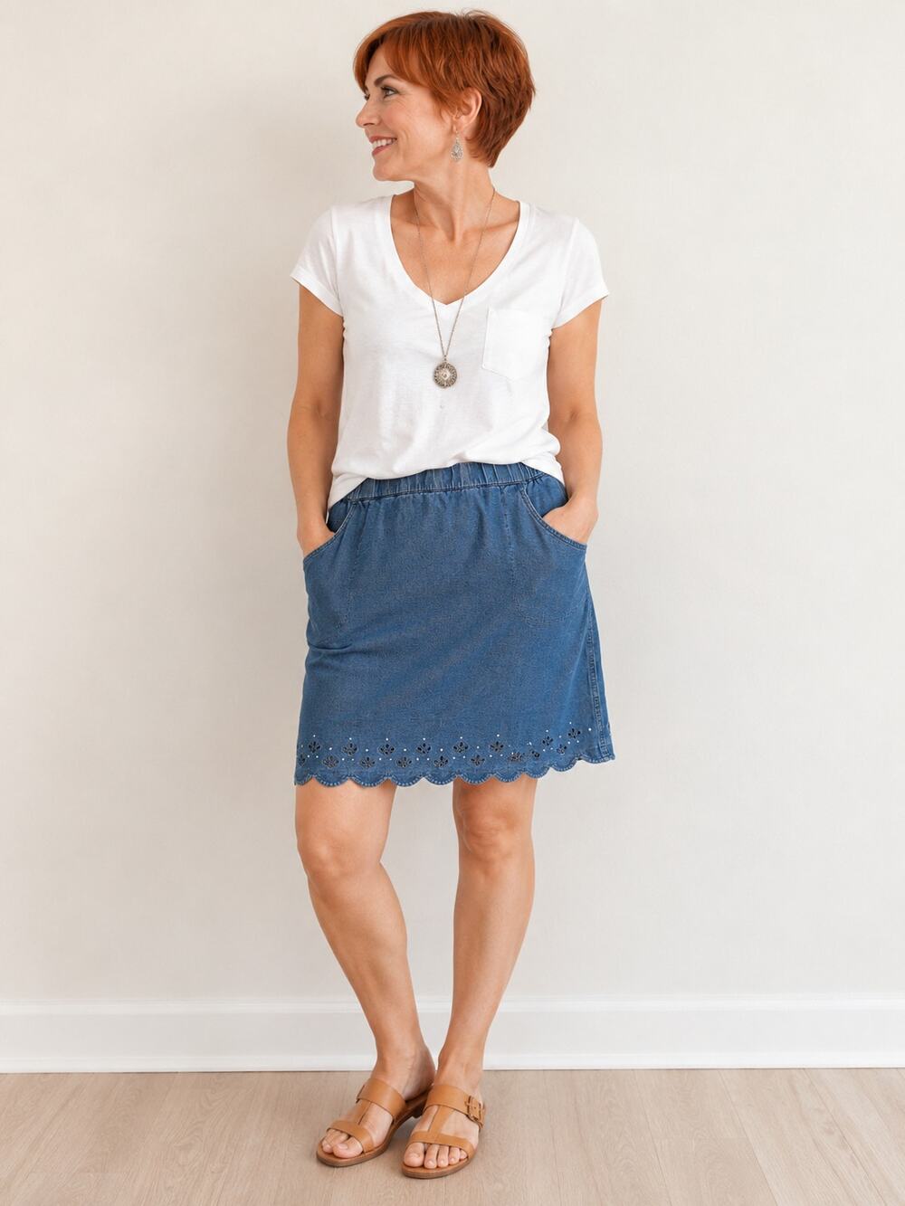 LR4411 Dream Jeannes Denim Knit Pull On Skirt Medium Blue Scallop Eyelet Hem M